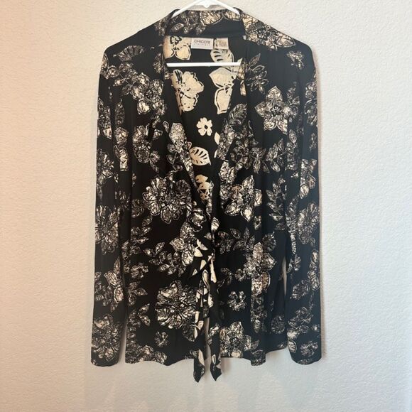 Chico’s Travelers Black Cream Floral Open Front Ruffle Cardigan - Size XL - EUC - Picture 2 of 7